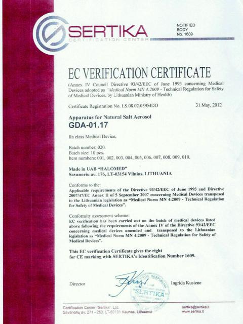 Certyfikat medyczny na Halogenerator